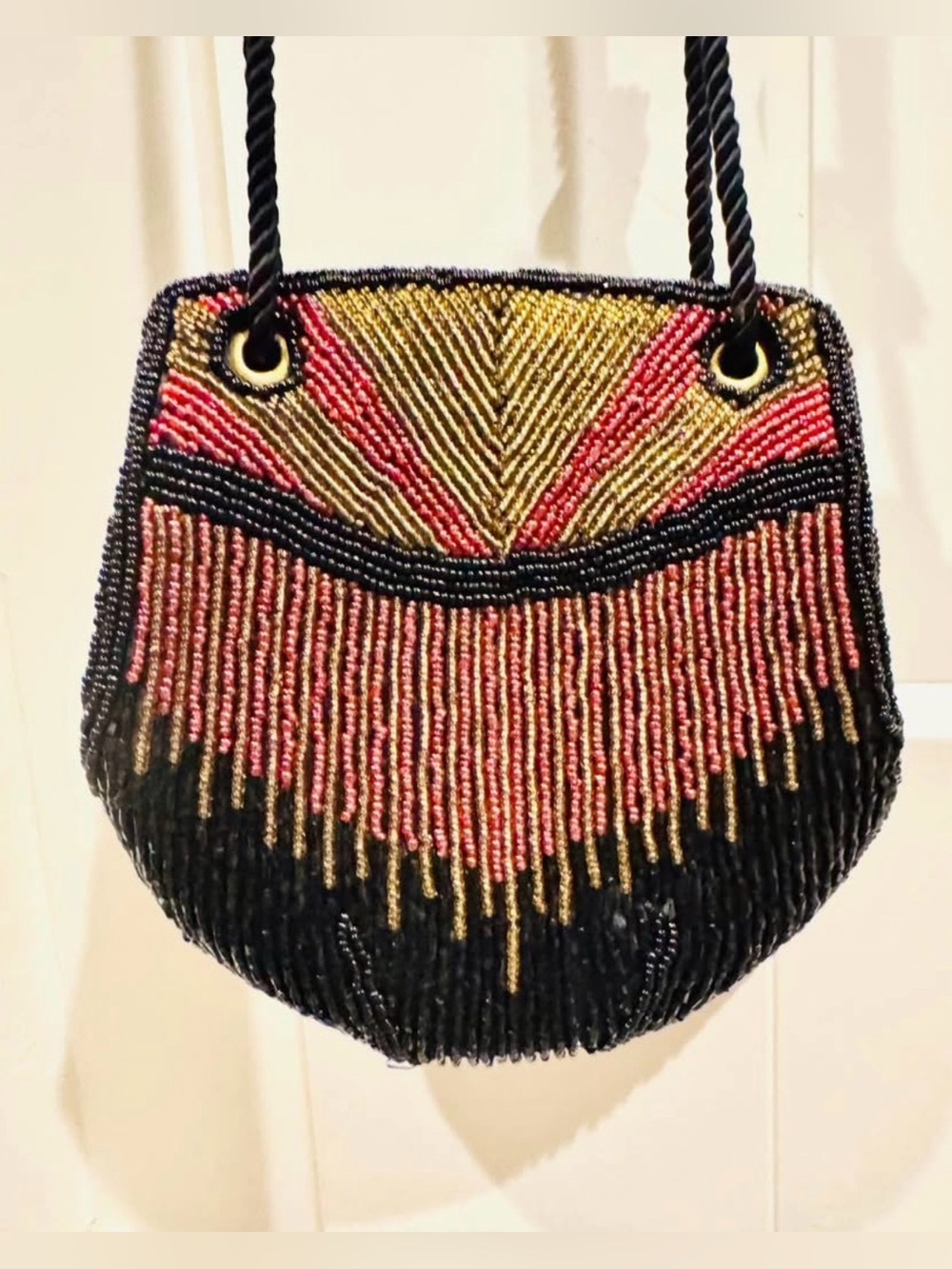 Ann Green Vintage Beaded Fringe Shoulder Bag in Black, Pink & Gold - NEW Cond!